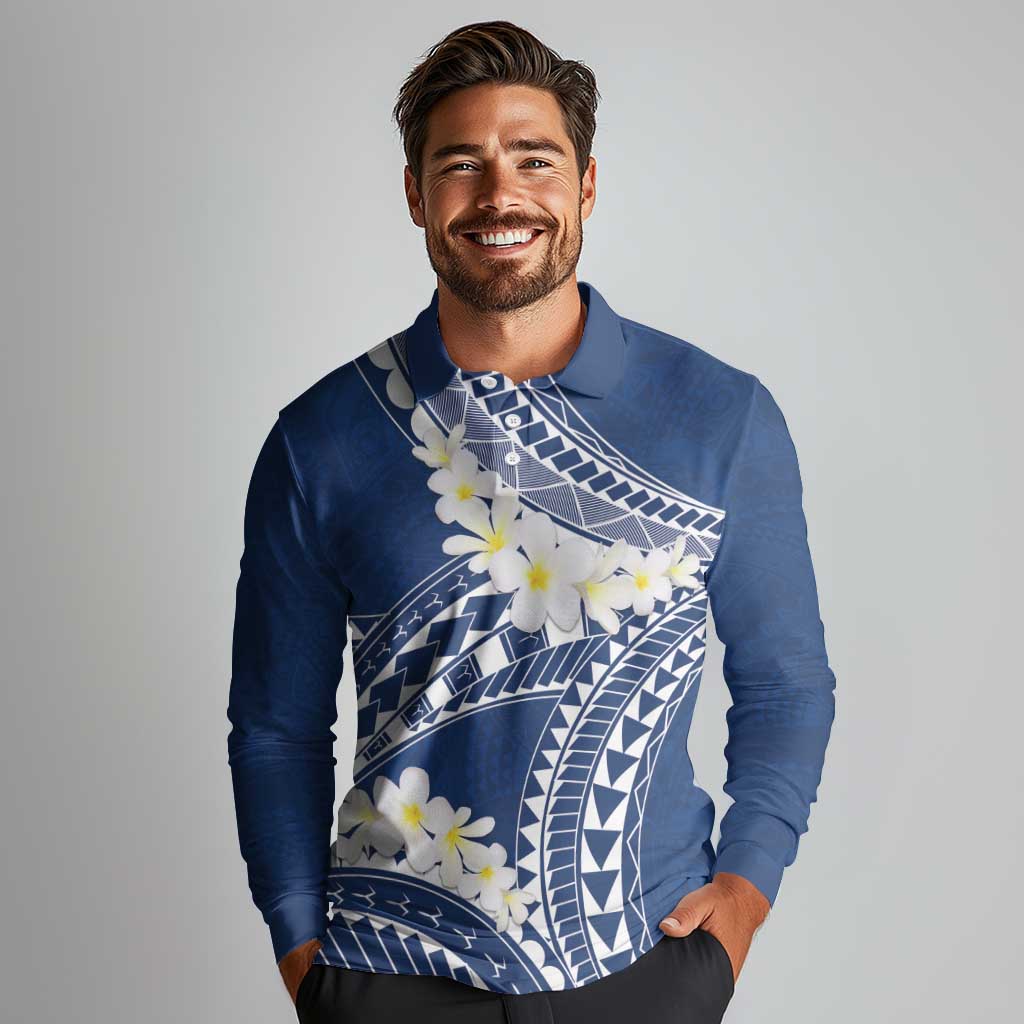 Polynesian Vintage Floral Long Sleeve Polo Shirt Navy Blue Motifs LT7 - Polynesian Pride