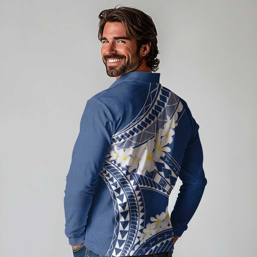 Polynesian Vintage Floral Long Sleeve Polo Shirt Navy Blue Motifs LT7 - Polynesian Pride