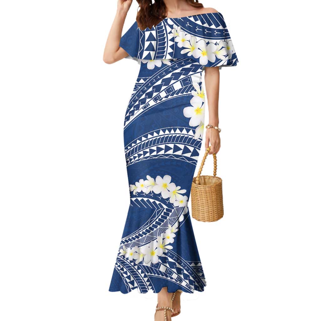 Polynesian Vintage Floral Mermaid Dress Navy Blue Motifs - Polynesian Pride