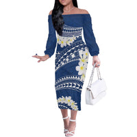 Polynesian Vintage Floral Off The Shoulder Long Sleeve Dress Navy Blue Motifs - Polynesian Pride