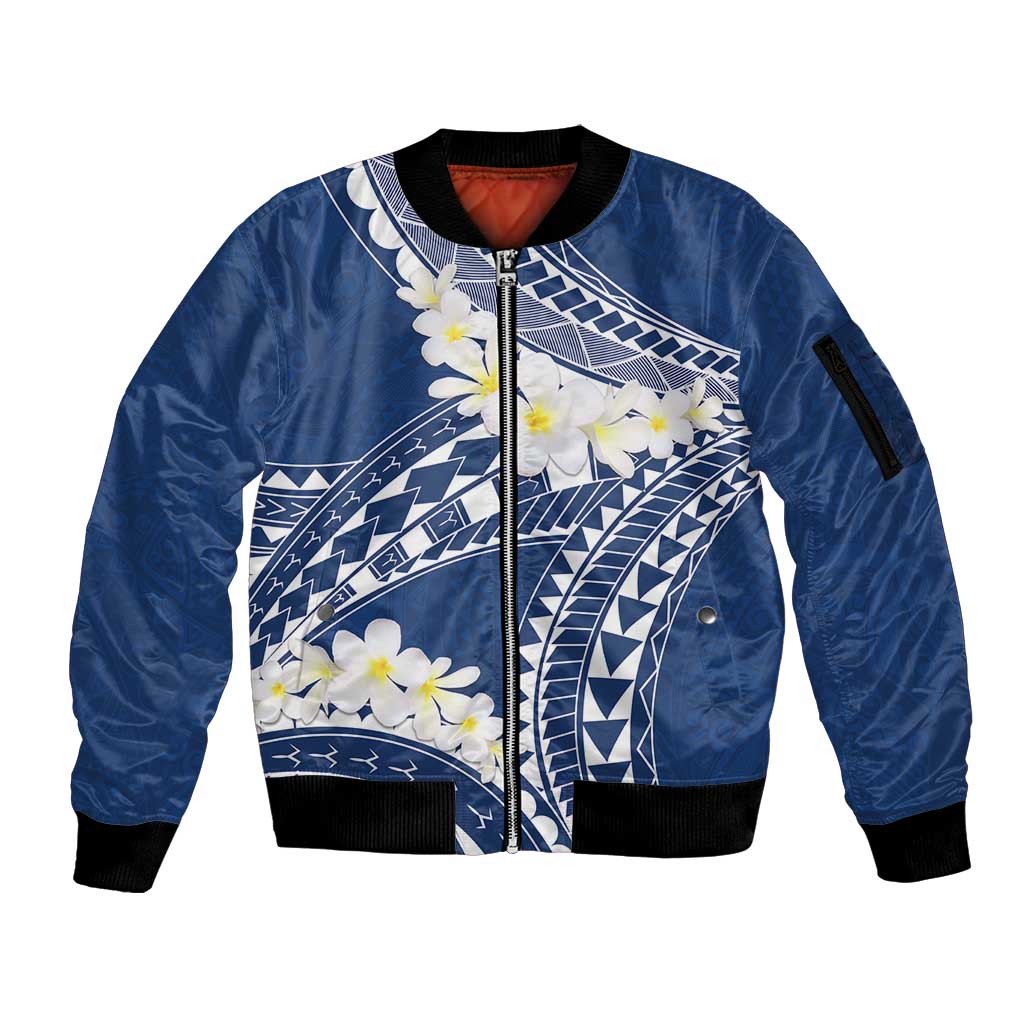 Polynesian Vintage Floral Sleeve Zip Bomber Jacket Navy Blue Motifs LT7 Unisex Navy Blue - Polynesian Pride