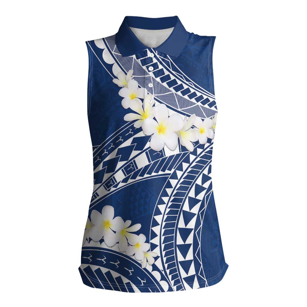 Polynesian Vintage Floral Women Sleeveless Polo Shirt Navy Blue Motifs LT7 Female Navy Blue - Polynesian Pride