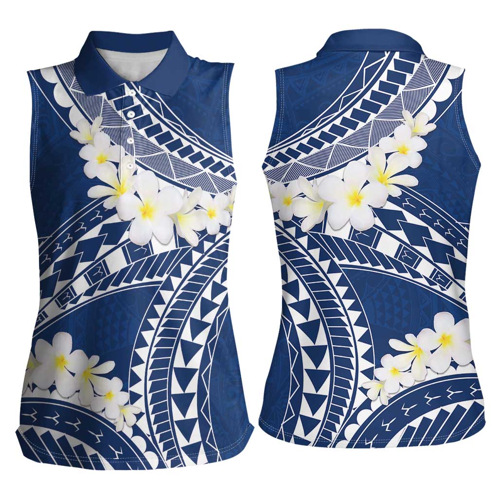 Polynesian Vintage Floral Women Sleeveless Polo Shirt Navy Blue Motifs LT7 - Polynesian Pride