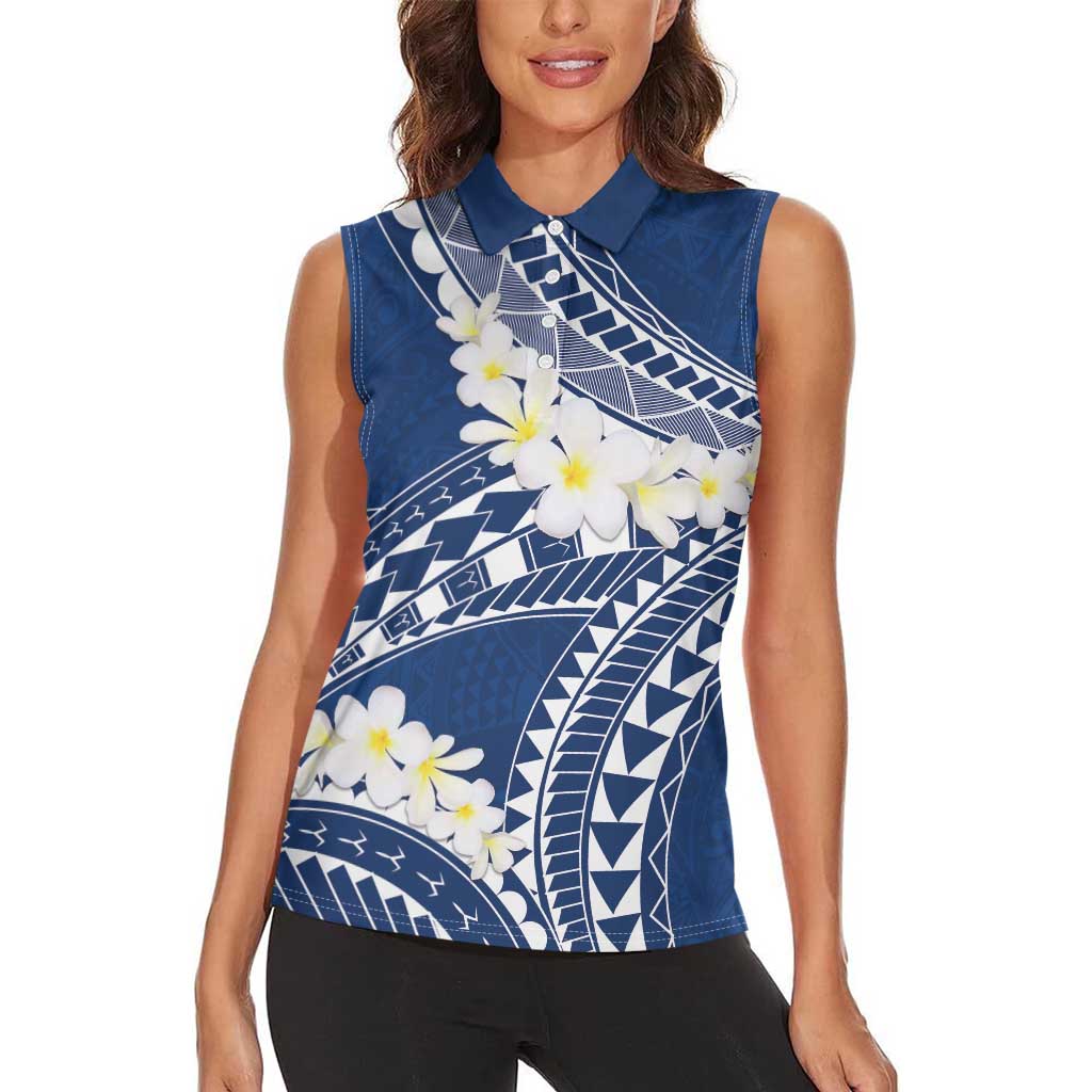 Polynesian Vintage Floral Women Sleeveless Polo Shirt Navy Blue Motifs LT7 - Polynesian Pride