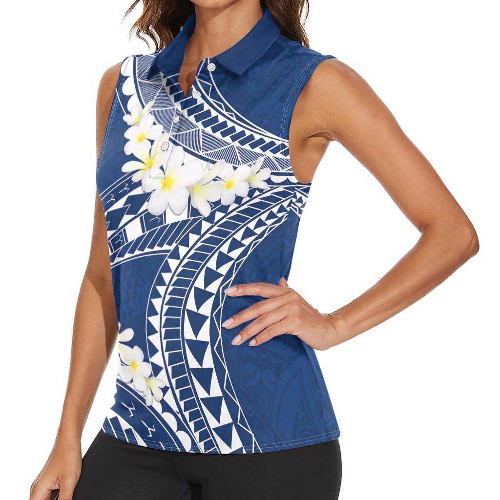Polynesian Vintage Floral Women Sleeveless Polo Shirt Navy Blue Motifs LT7 - Polynesian Pride