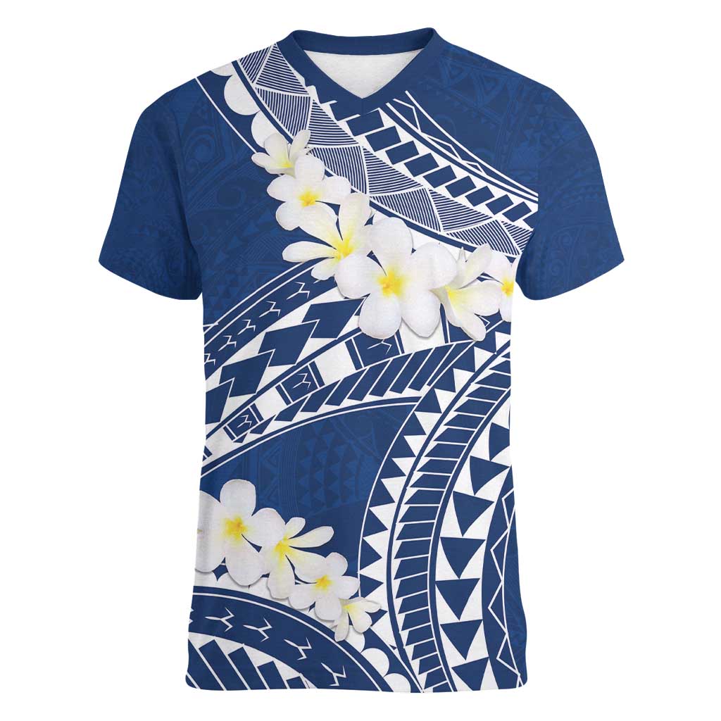 Polynesian Vintage Floral Women V-Neck T-Shirt Navy Blue Motifs LT7 Female Navy Blue - Polynesian Pride