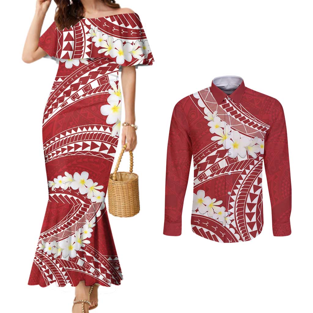 Polynesian Vintage Floral Couples Matching Mermaid Dress and Long Sleeve Button Shirt Scarlet Motifs LT7 Scarlet - Polynesian Pride