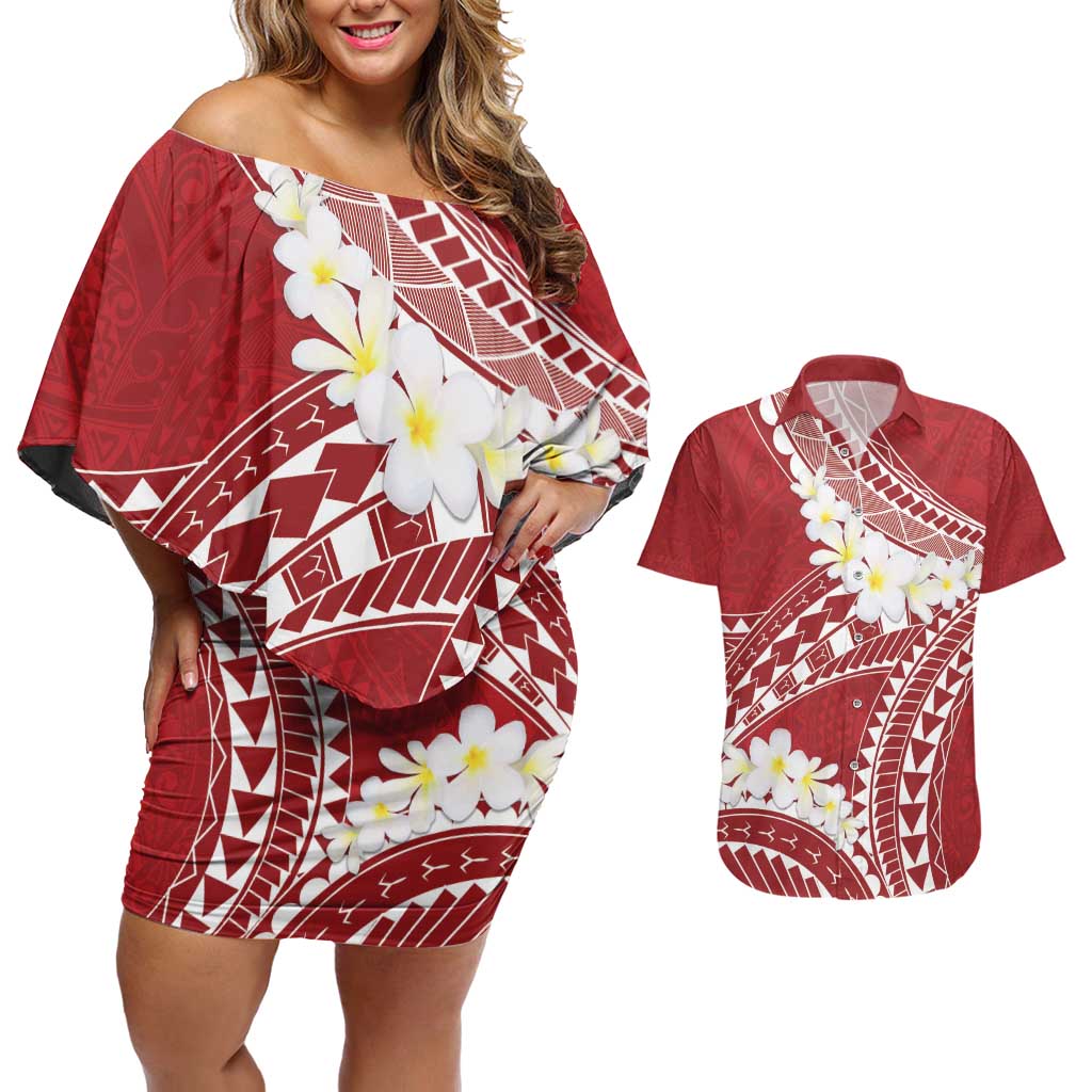 Polynesian Vintage Floral Couples Matching Off Shoulder Short Dress and Hawaiian Shirt Scarlet Motifs LT7 Scarlet - Polynesian Pride