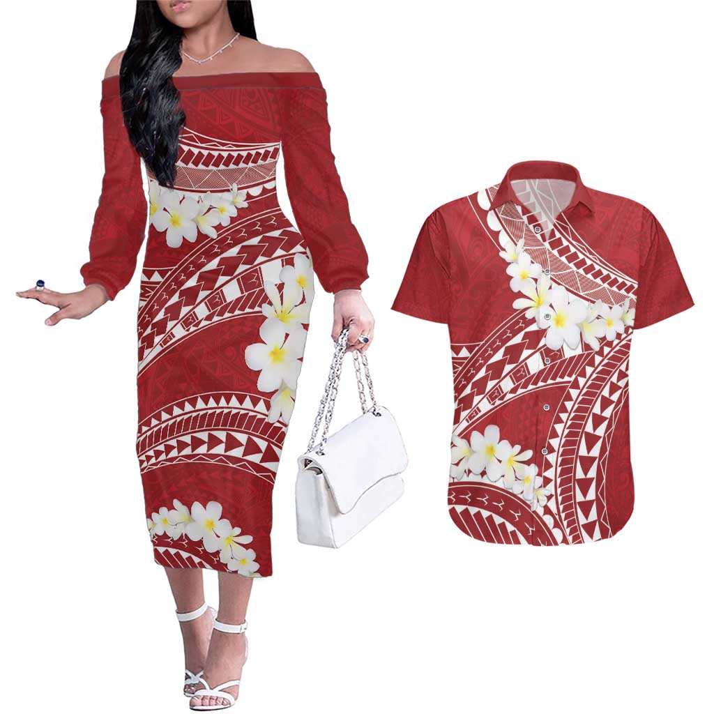 Polynesian Vintage Floral Couples Matching Off The Shoulder Long Sleeve Dress and Hawaiian Shirt Scarlet Motifs - Polynesian Pride