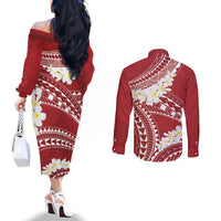 Polynesian Vintage Floral Couples Matching Off The Shoulder Long Sleeve Dress and Long Sleeve Button Shirt Scarlet Motifs LT7 - Polynesian Pride