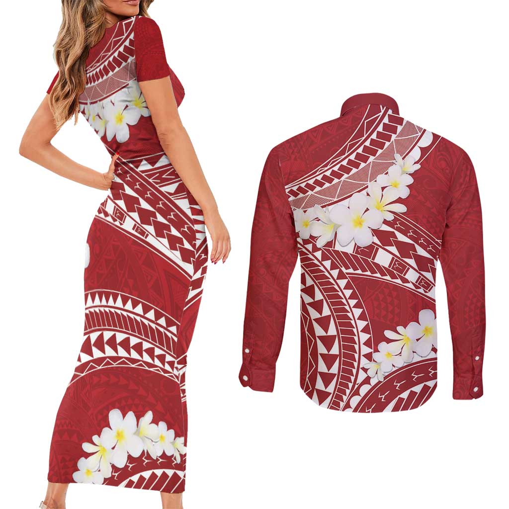 Polynesian Vintage Floral Couples Matching Short Sleeve Bodycon Dress and Long Sleeve Button Shirt Scarlet Motifs LT7 - Polynesian Pride