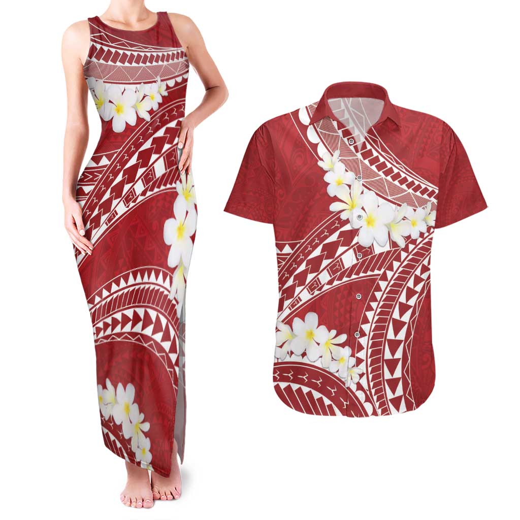 Polynesian Vintage Floral Couples Matching Tank Maxi Dress and Hawaiian Shirt Scarlet Motifs LT7 Scarlet - Polynesian Pride