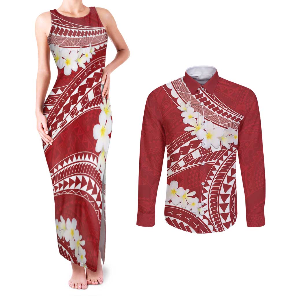 Polynesian Vintage Floral Couples Matching Tank Maxi Dress and Long Sleeve Button Shirt Scarlet Motifs LT7 Scarlet - Polynesian Pride