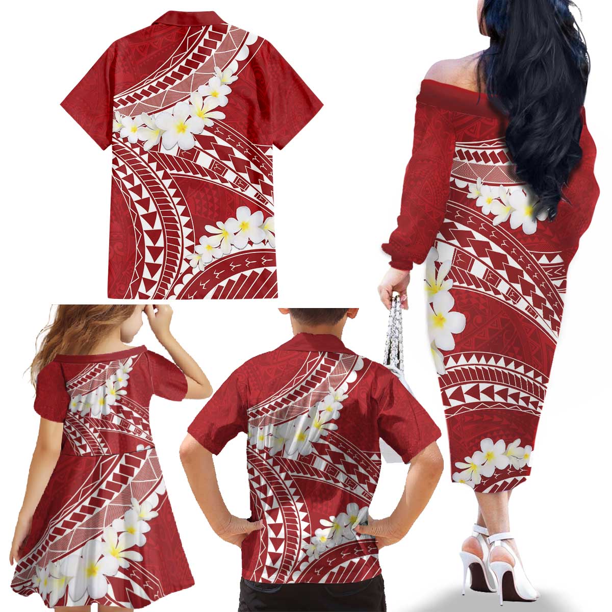 Polynesian Vintage Floral Family Matching Off The Shoulder Long Sleeve Dress and Hawaiian Shirt Scarlet Motifs - Polynesian Pride