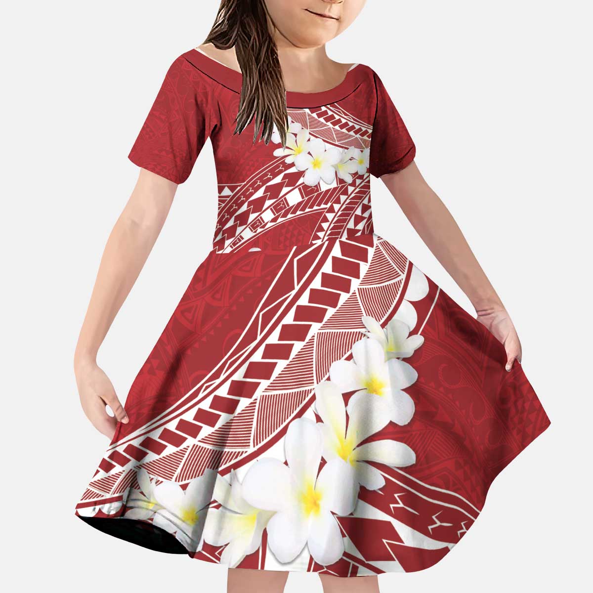 Polynesian Vintage Floral Kid Short Sleeve Dress Scarlet Motifs - Polynesian Pride