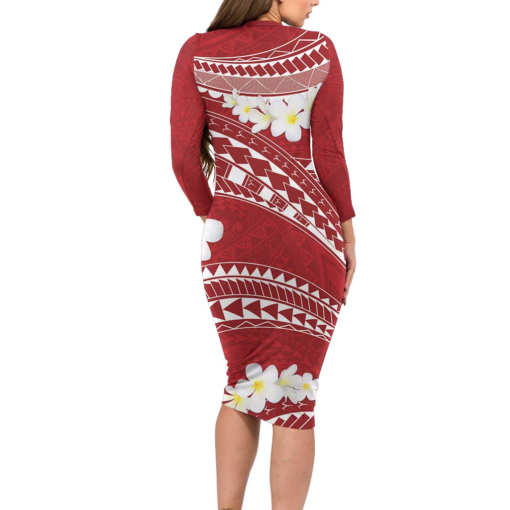 Polynesian Vintage Floral Long Sleeve Bodycon Dress Scarlet Motifs - Polynesian Pride