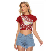 Polynesian Vintage Floral Raglan Cropped T Shirt Scarlet Motifs LT7 Female Scarlet - Polynesian Pride