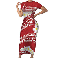 Polynesian Vintage Floral Short Sleeve Bodycon Dress Scarlet Motifs - Polynesian Pride