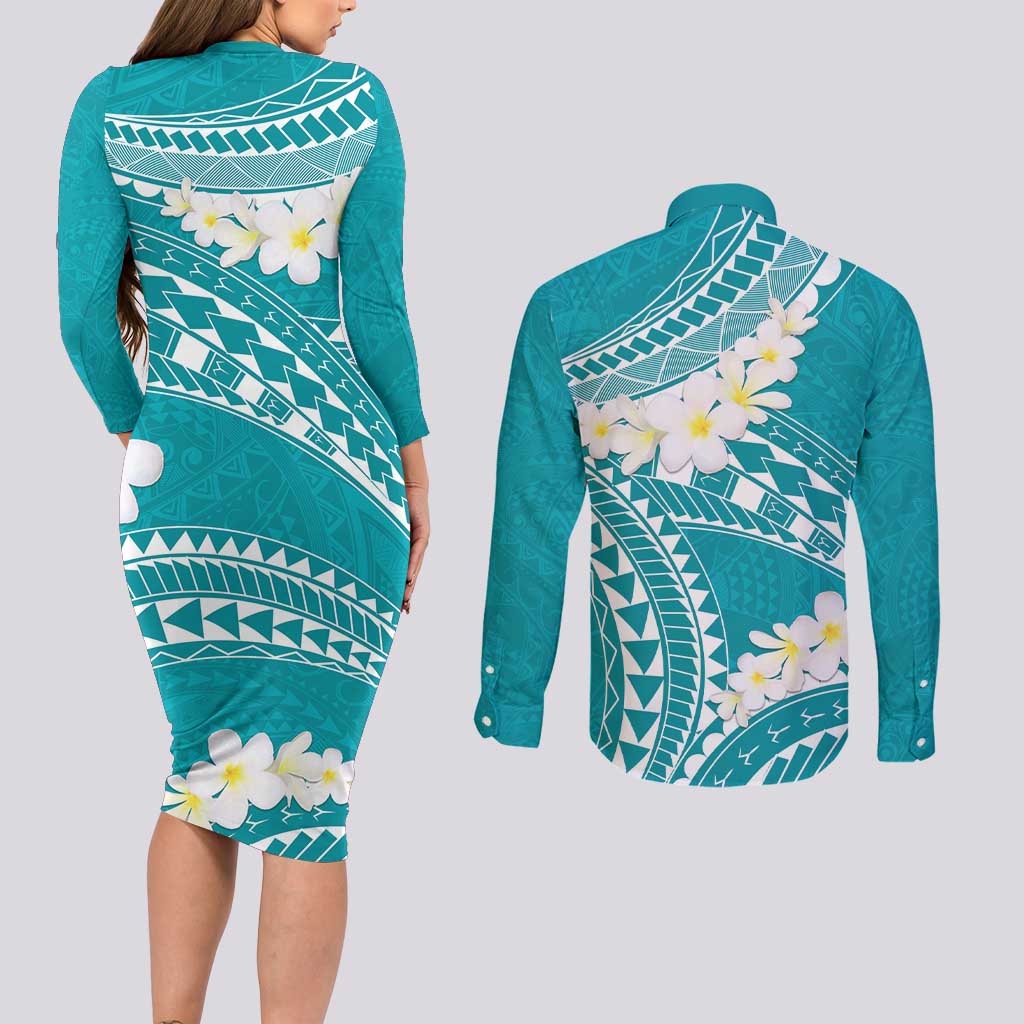 Polynesian Vintage Floral Couples Matching Long Sleeve Bodycon Dress and Long Sleeve Button Shirt Teal Motifs LT7 - Polynesian Pride