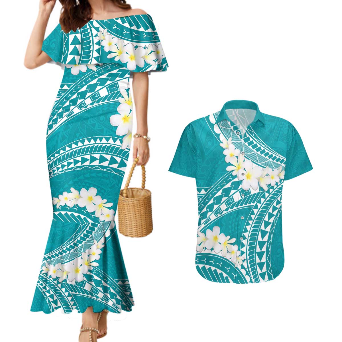 Polynesian Vintage Floral Couples Matching Mermaid Dress and Hawaiian Shirt Teal Motifs - Polynesian Pride