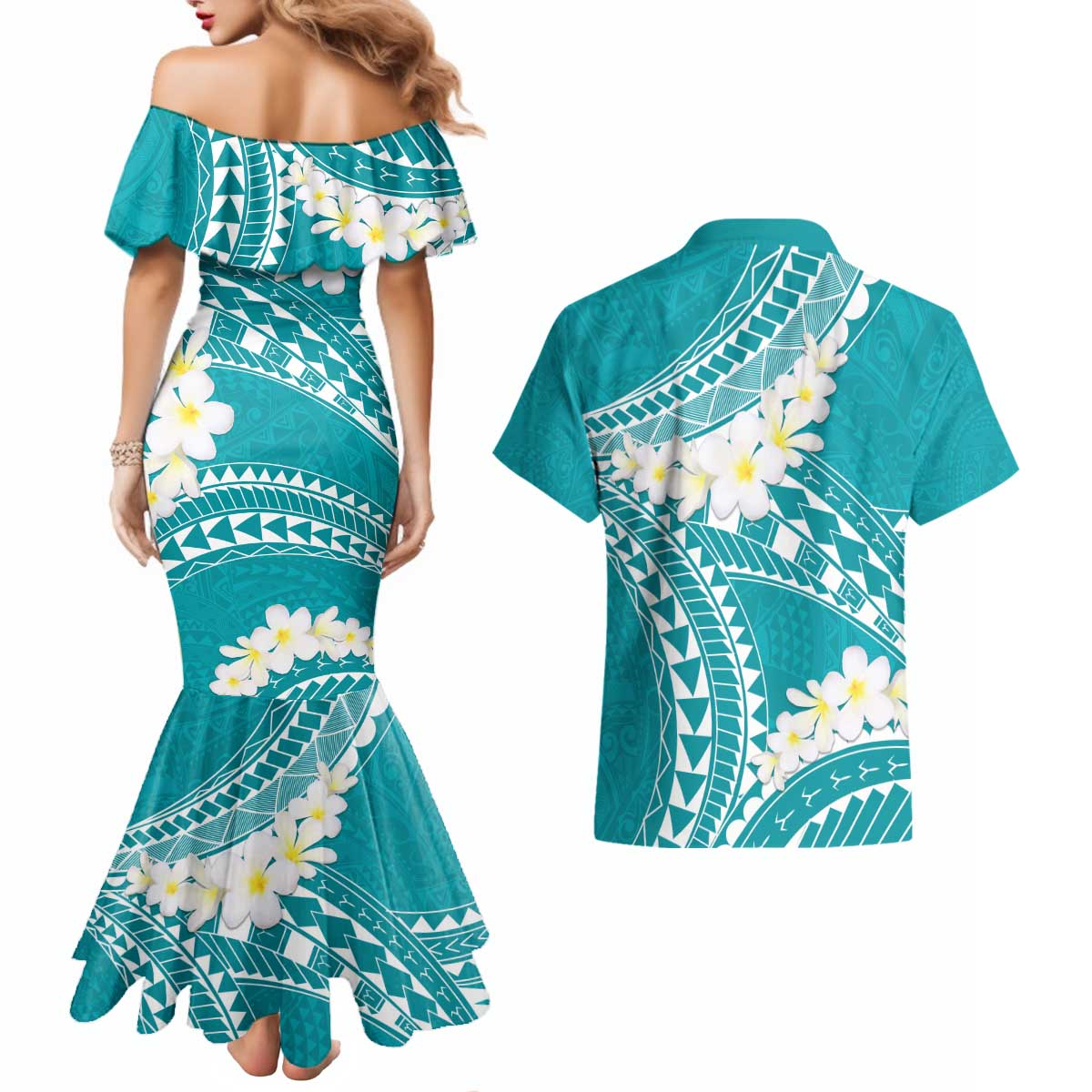 Polynesian Vintage Floral Couples Matching Mermaid Dress and Hawaiian Shirt Teal Motifs - Polynesian Pride
