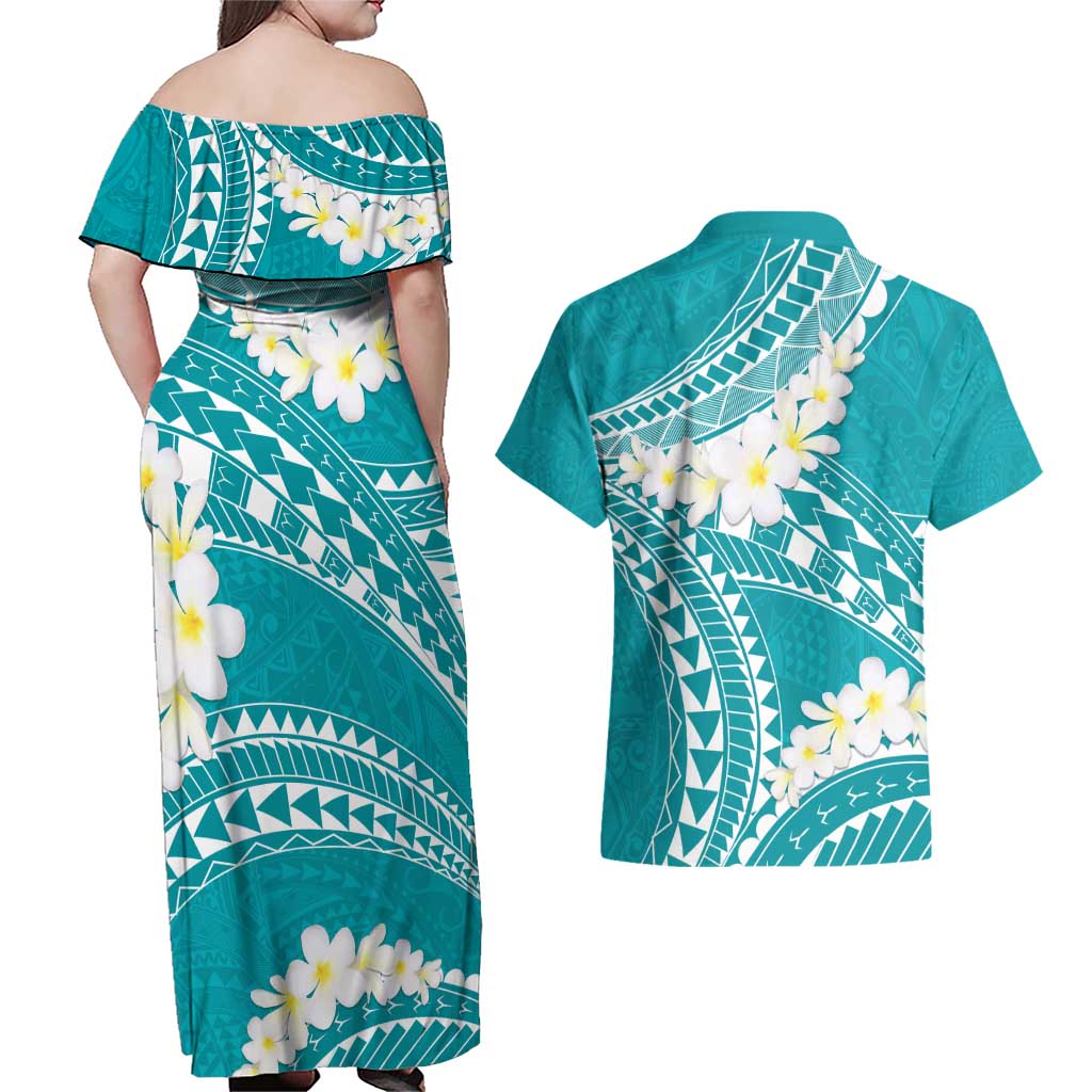Polynesian Vintage Floral Couples Matching Off Shoulder Maxi Dress and Hawaiian Shirt Teal Motifs LT7 - Polynesian Pride