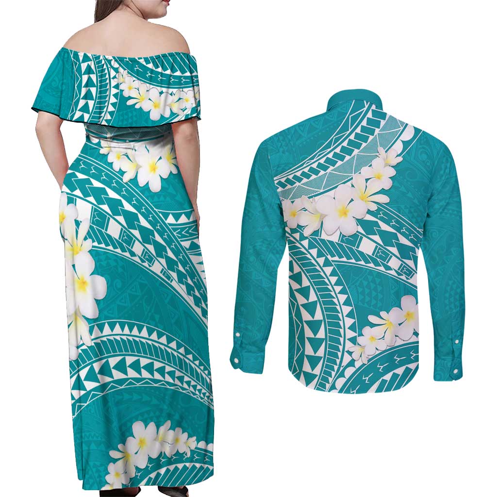 Polynesian Vintage Floral Couples Matching Off Shoulder Maxi Dress and Long Sleeve Button Shirt Teal Motifs LT7 - Polynesian Pride