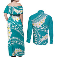 Polynesian Vintage Floral Couples Matching Off Shoulder Maxi Dress and Long Sleeve Button Shirt Teal Motifs LT7 - Polynesian Pride
