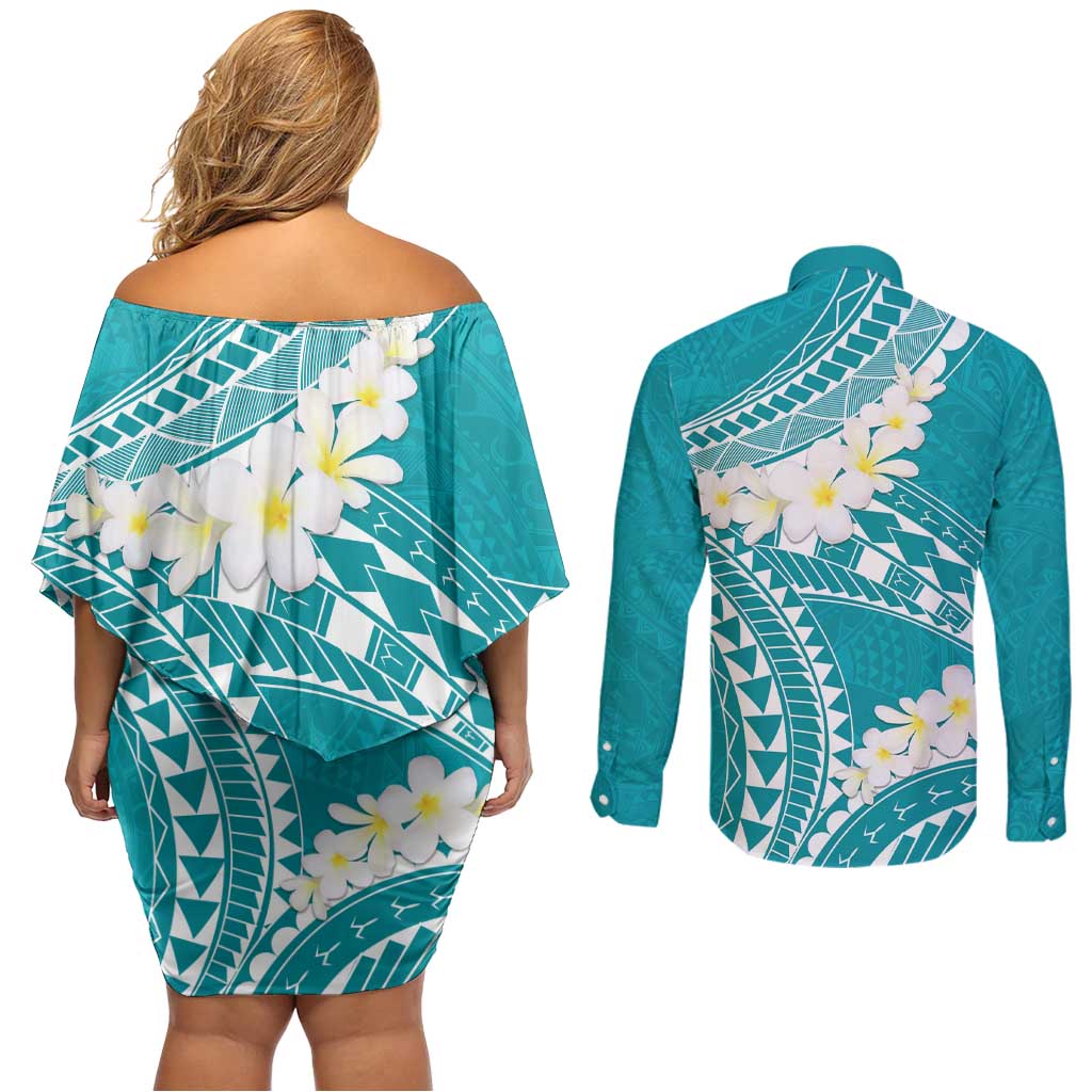 Polynesian Vintage Floral Couples Matching Off Shoulder Short Dress and Long Sleeve Button Shirt Teal Motifs LT7 - Polynesian Pride
