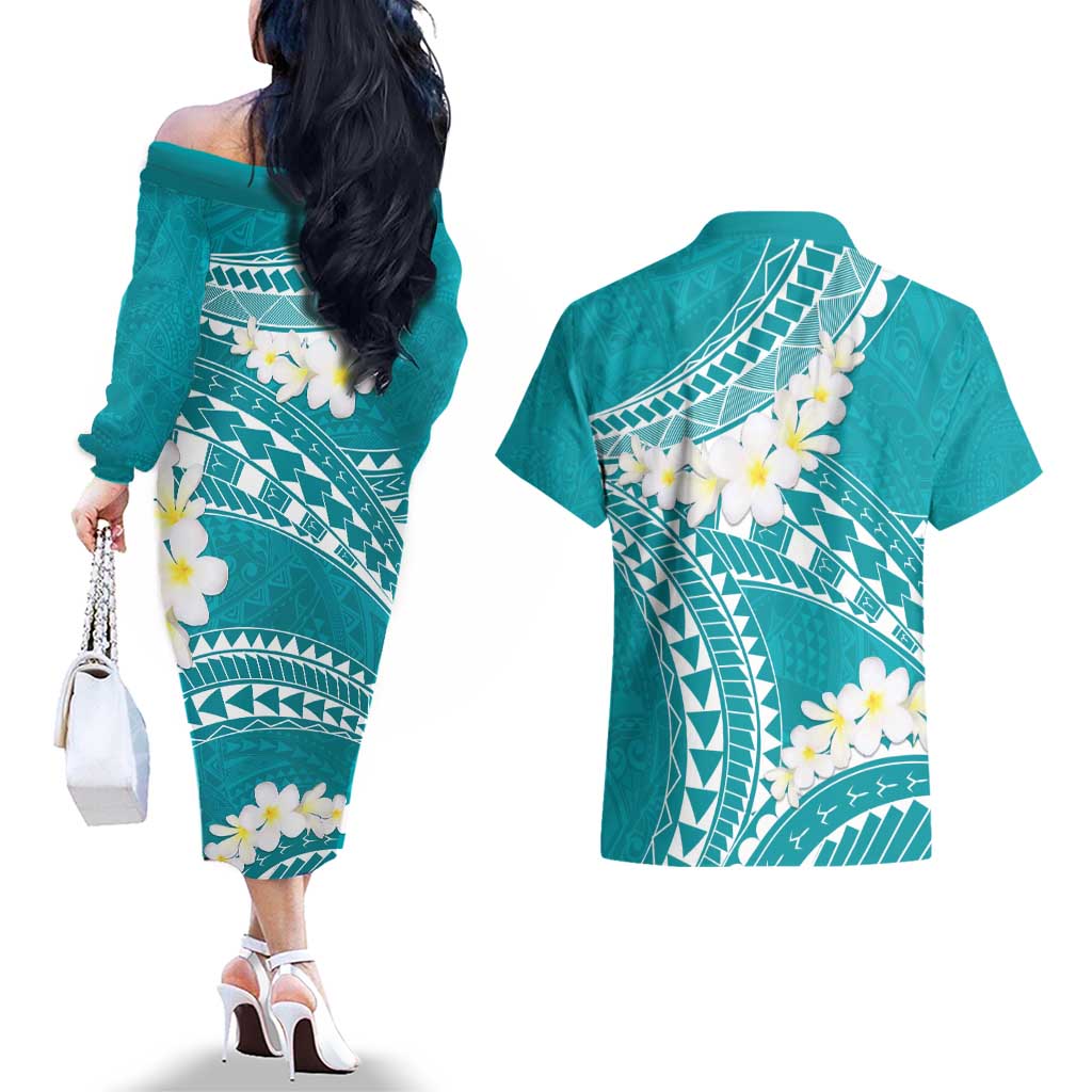 Polynesian Vintage Floral Couples Matching Off The Shoulder Long Sleeve Dress and Hawaiian Shirt Teal Motifs - Polynesian Pride