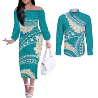 Polynesian Vintage Floral Couples Matching Off The Shoulder Long Sleeve Dress and Long Sleeve Button Shirt Teal Motifs LT7 Teal - Polynesian Pride