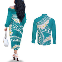 Polynesian Vintage Floral Couples Matching Off The Shoulder Long Sleeve Dress and Long Sleeve Button Shirt Teal Motifs LT7 - Polynesian Pride
