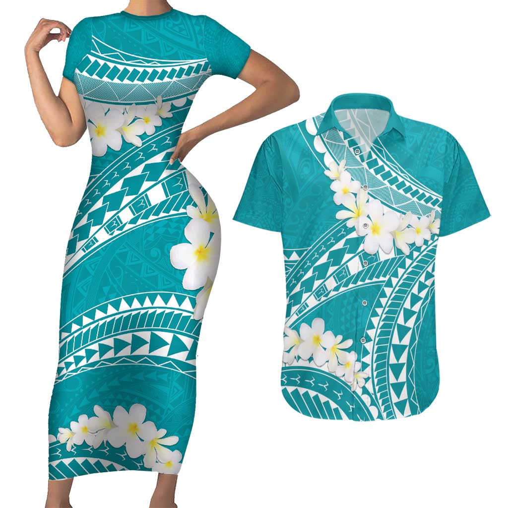 Polynesian Vintage Floral Couples Matching Short Sleeve Bodycon Dress and Hawaiian Shirt Teal Motifs LT7 Teal - Polynesian Pride
