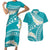 Polynesian Vintage Floral Couples Matching Short Sleeve Bodycon Dress and Hawaiian Shirt Teal Motifs - Polynesian Pride
