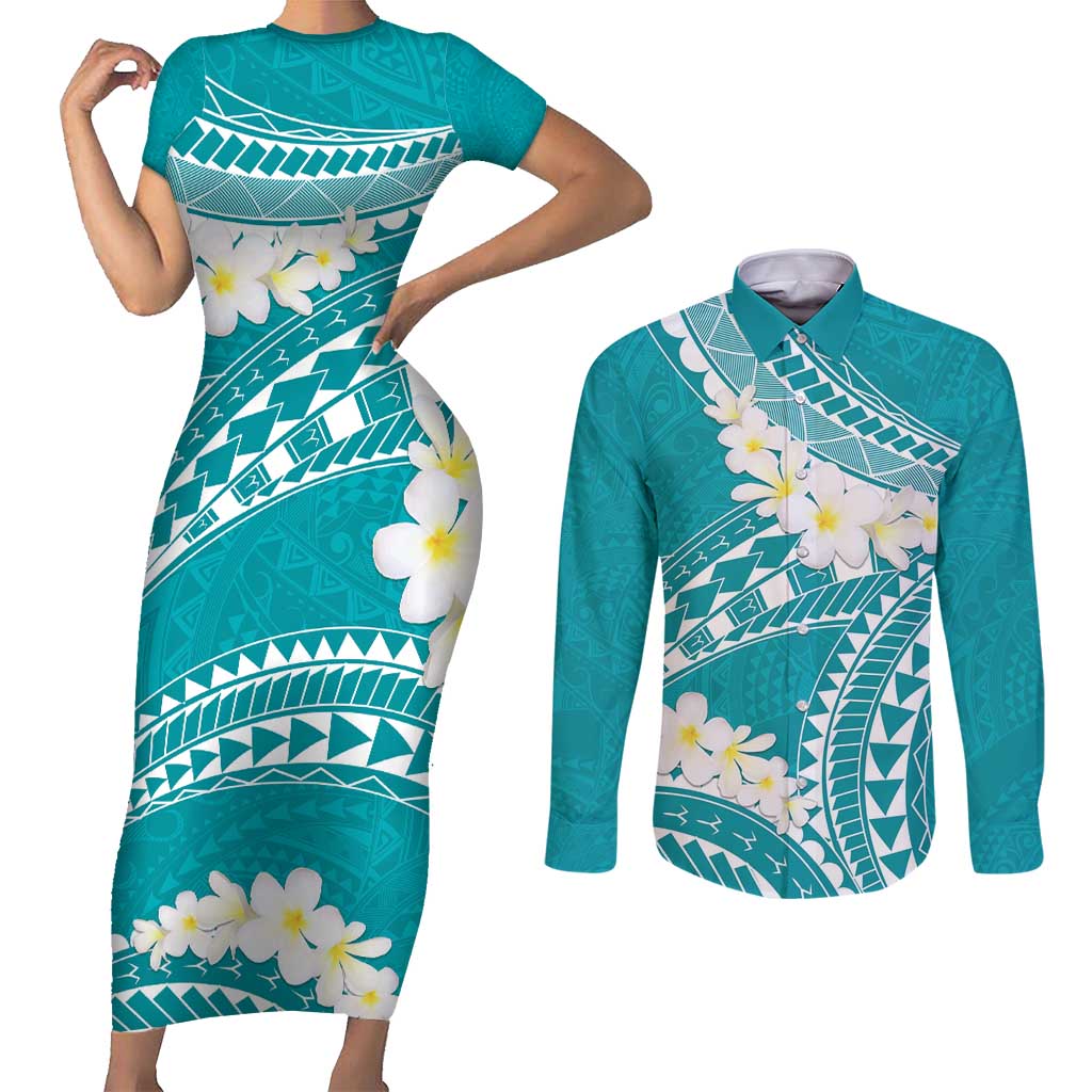 Polynesian Vintage Floral Couples Matching Short Sleeve Bodycon Dress and Long Sleeve Button Shirt Teal Motifs LT7 Teal - Polynesian Pride