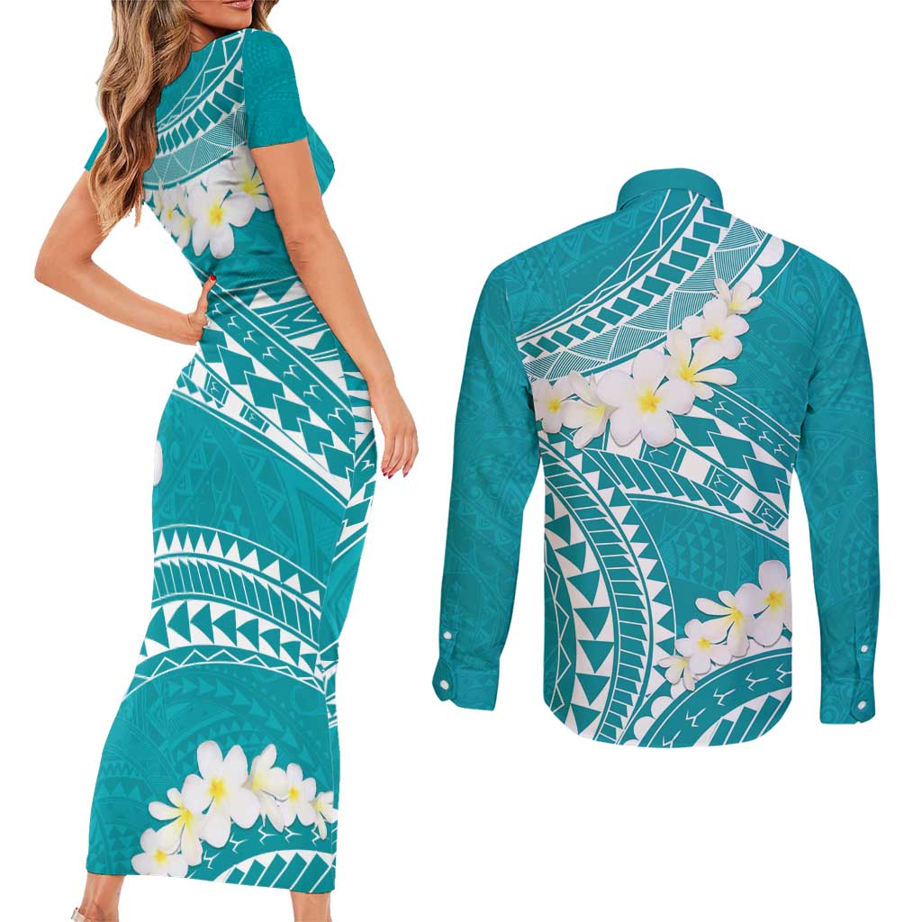Polynesian Vintage Floral Couples Matching Short Sleeve Bodycon Dress and Long Sleeve Button Shirt Teal Motifs LT7 - Polynesian Pride