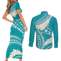 Polynesian Vintage Floral Couples Matching Short Sleeve Bodycon Dress and Long Sleeve Button Shirt Teal Motifs LT7 - Polynesian Pride
