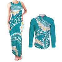 Polynesian Vintage Floral Couples Matching Tank Maxi Dress and Long Sleeve Button Shirt Teal Motifs LT7 Teal - Polynesian Pride