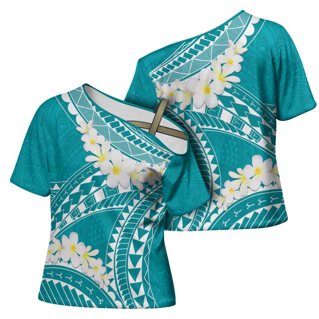 Polynesian Vintage Floral Cross Shoulder Shirt Teal Motifs LT7 - Polynesian Pride