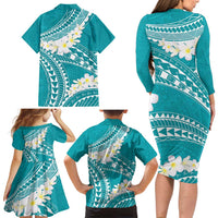 Polynesian Vintage Floral Family Matching Long Sleeve Bodycon Dress and Hawaiian Shirt Teal Motifs LT7 - Polynesian Pride