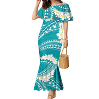 Polynesian Vintage Floral Family Matching Mermaid Dress and Hawaiian Shirt Teal Motifs LT7 Mom's Dress Teal - Polynesian Pride