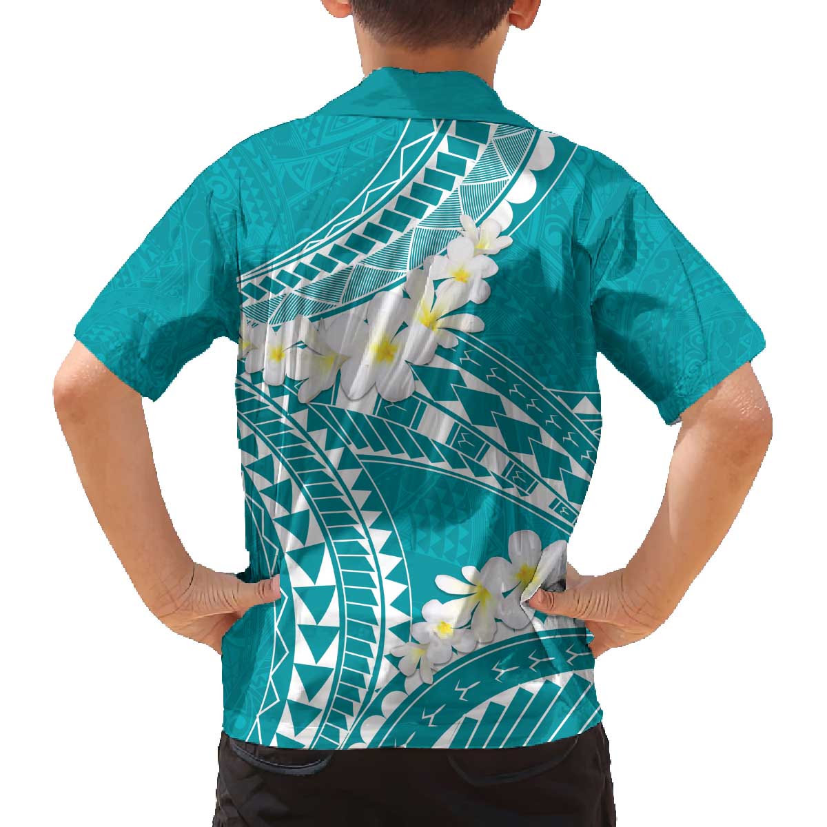 Polynesian Vintage Floral Family Matching Off The Shoulder Long Sleeve Dress and Hawaiian Shirt Teal Motifs - Polynesian Pride