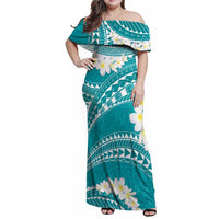 Polynesian Vintage Floral Family Matching Off Shoulder Maxi Dress and Hawaiian Shirt Teal Motifs - Polynesian Pride