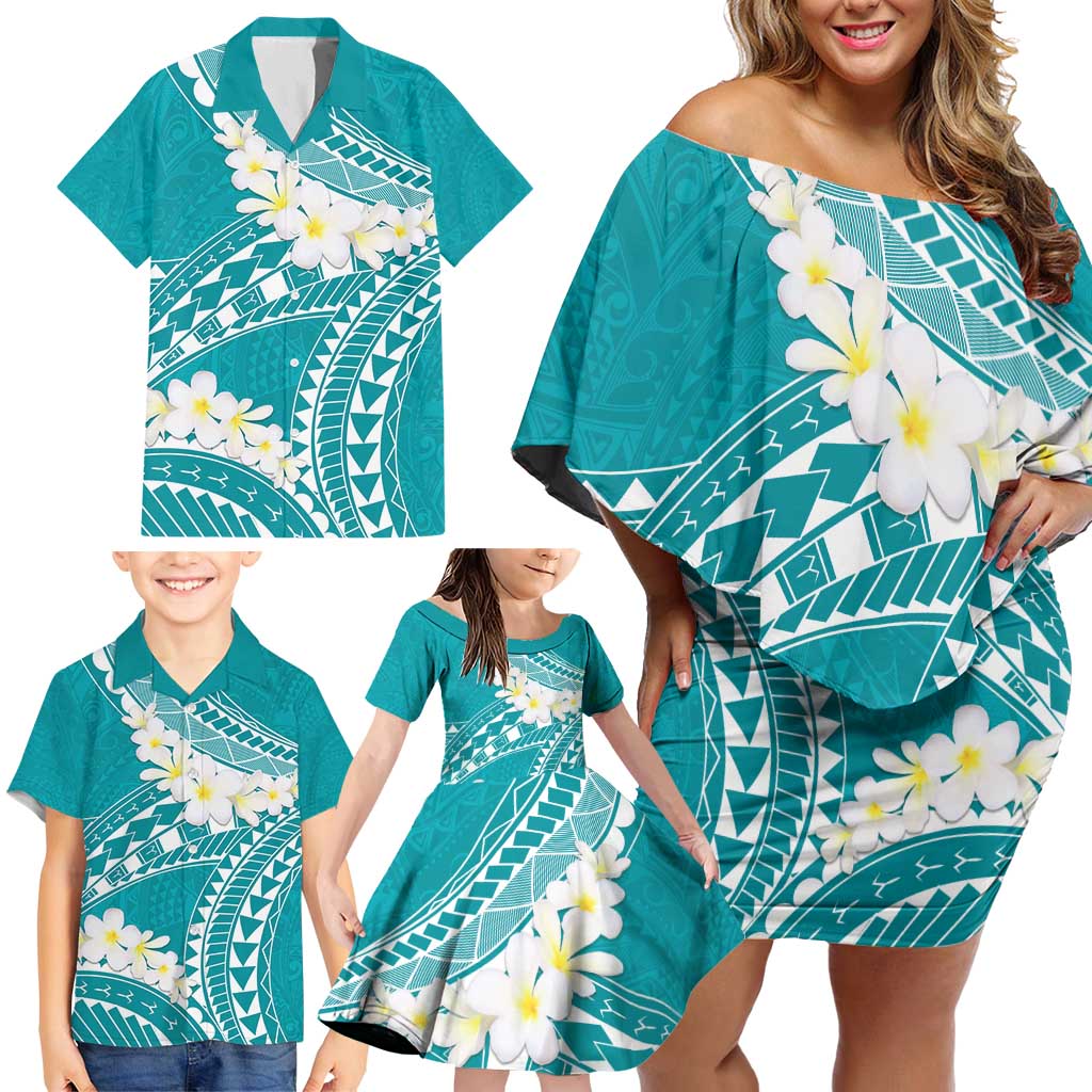 Polynesian Vintage Floral Family Matching Off Shoulder Short Dress and Hawaiian Shirt Teal Motifs - Polynesian Pride