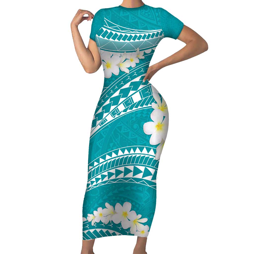 Polynesian Vintage Floral Family Matching Short Sleeve Bodycon Dress and Hawaiian Shirt Teal Motifs LT7 Mom's Dress Teal - Polynesian Pride