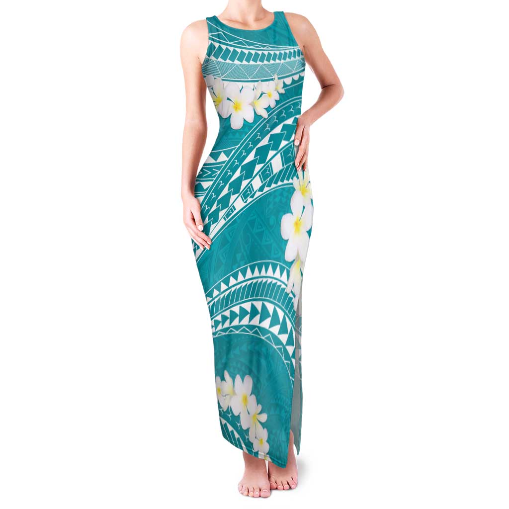 Polynesian Vintage Floral Family Matching Tank Maxi Dress and Hawaiian Shirt Teal Motifs LT7 Mom's Dress Teal - Polynesian Pride