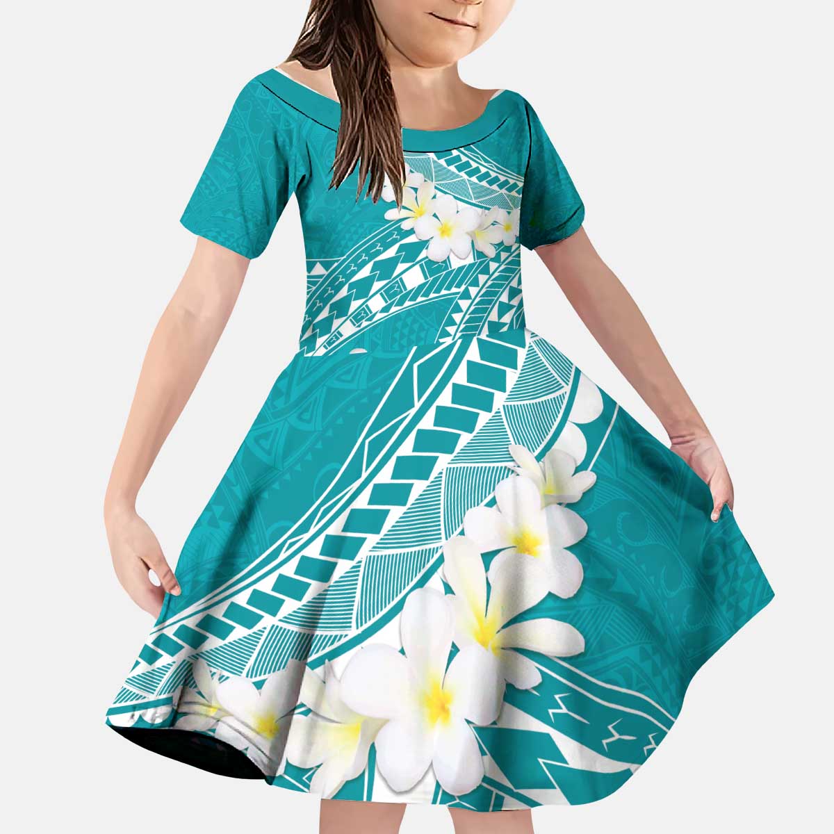 Polynesian Vintage Floral Kid Short Sleeve Dress Teal Motifs - Polynesian Pride
