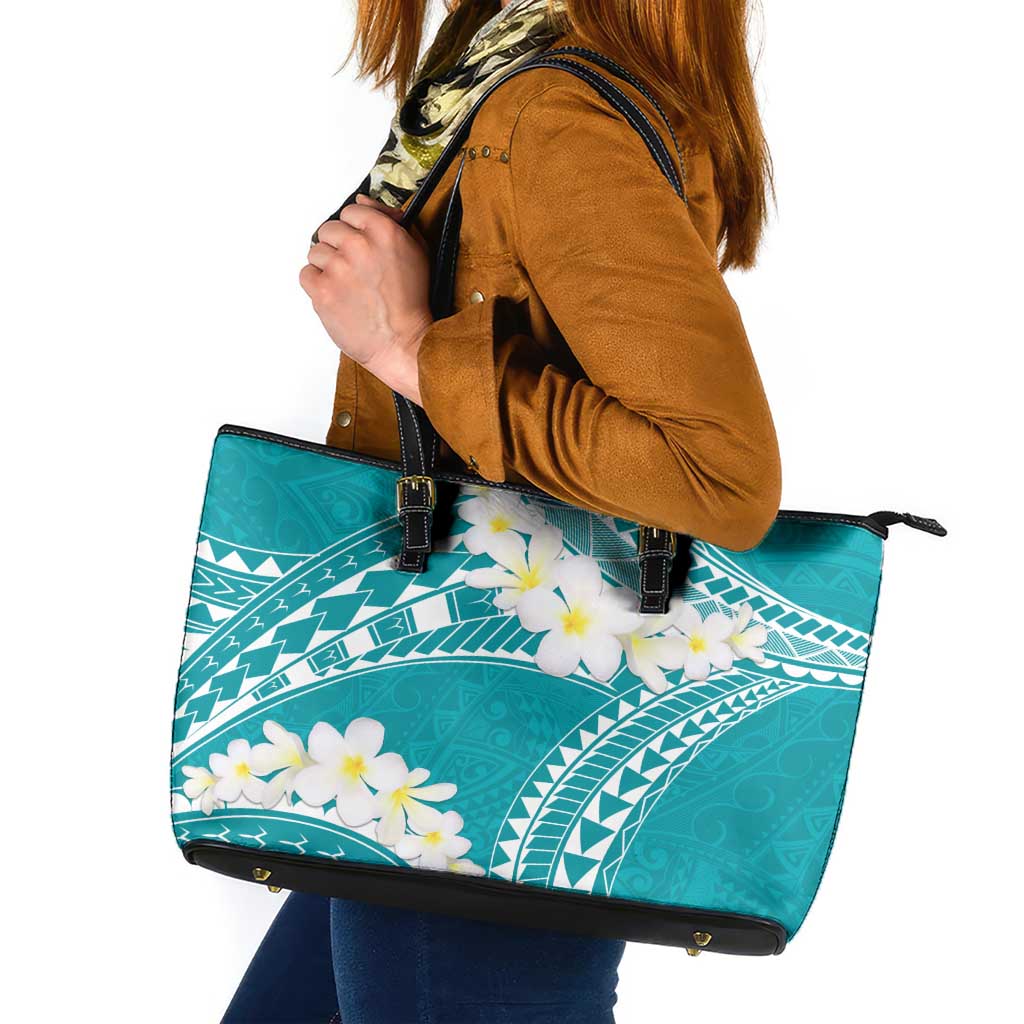 Polynesian Vintage Floral Leather Tote Bag Teal Motifs - Polynesian Pride
