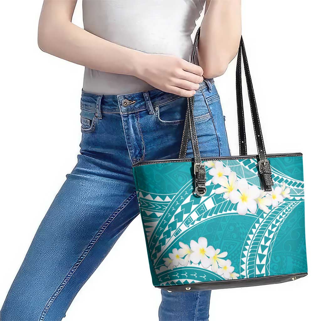 Polynesian Vintage Floral Leather Tote Bag Teal Motifs - Polynesian Pride