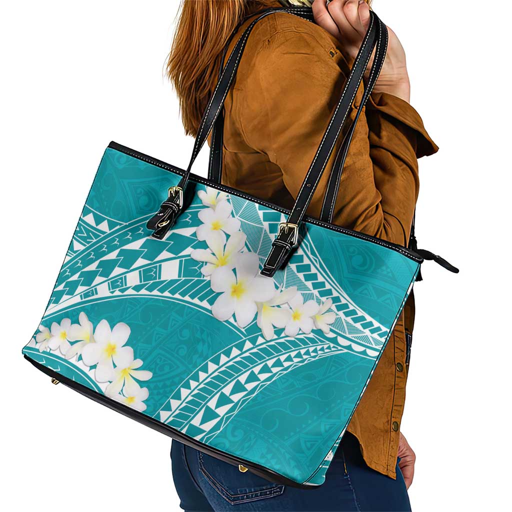 Polynesian Vintage Floral Leather Tote Bag Teal Motifs - Polynesian Pride
